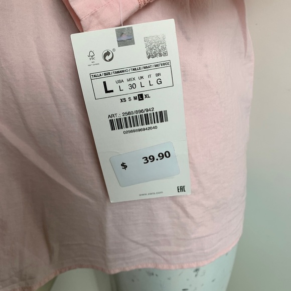 *NWT* Zara large flowy blouse long sleeve button-up pink v-neck embroidery pleat - Picture 5 of 7